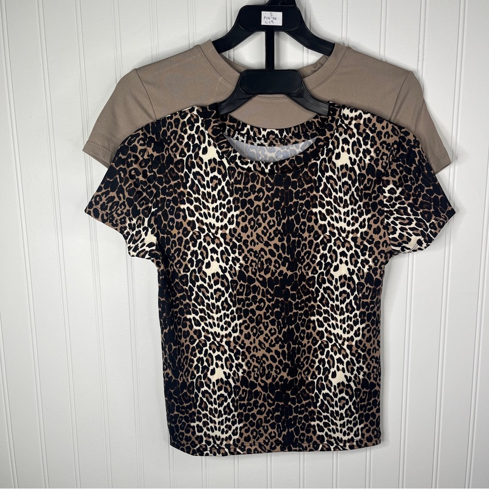 Splash Baby Tee Set 2 Soft Shirts Leopard Print Short Sleeve Tee Brown Tan Top - Picture 2 of 5